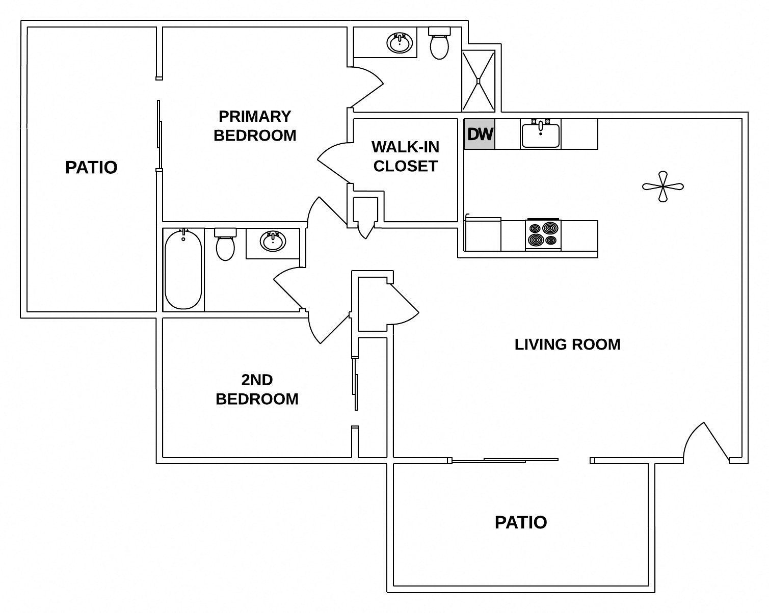 Floor plan for 2 beds, 2 baths, 1300 sqft